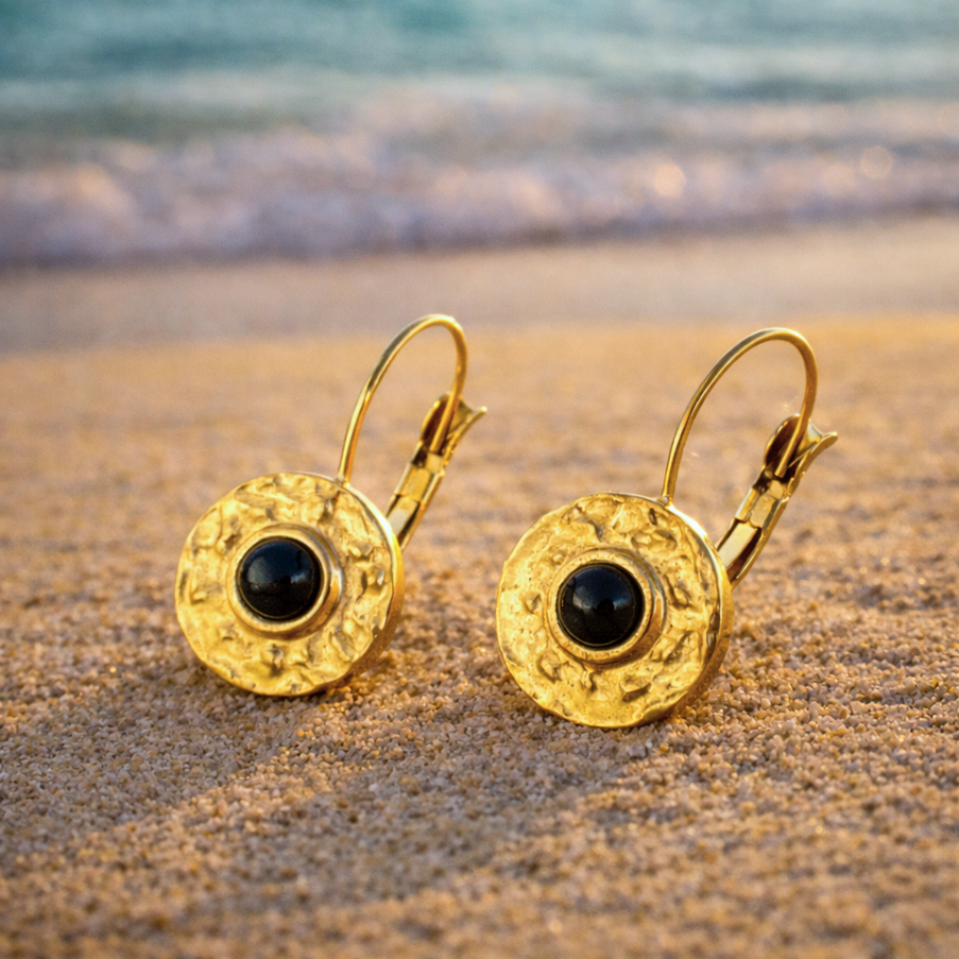 Boucles d'oreilles SIRENE noir - Inoxydables plaqués or et obsidienne naturelle