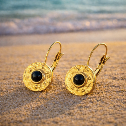 Boucles d'oreilles SIRENE noir - Inoxydables plaqués or et obsidienne naturelle