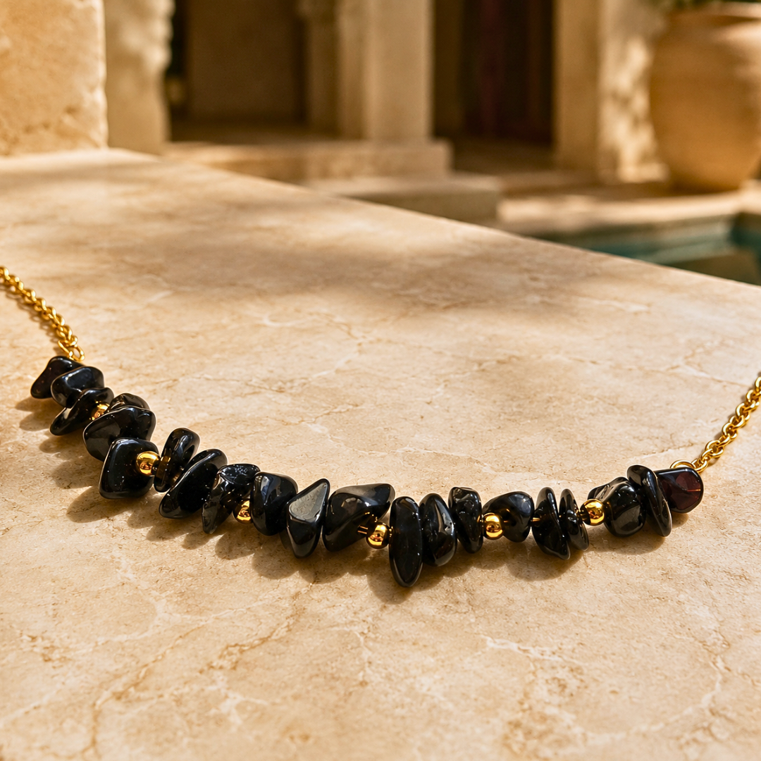 Bracelet SIRENE noir - Obsidienne et acier inoxydable plaqué or