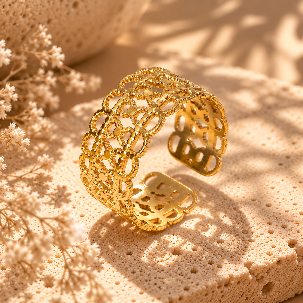 Bague ALEXANDRA - Motifs géométriques inoxydables plaqués or