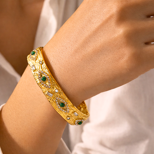 Bracelet JONC OLYMPE - Zircons et malachites naturels - Placage or