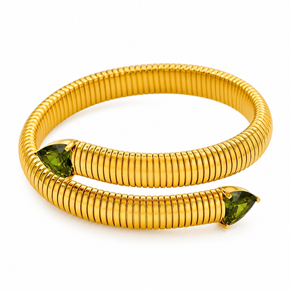 Bracelet SERPENTINE vert  - Titane inoxydable plaqué or et zircons naturels