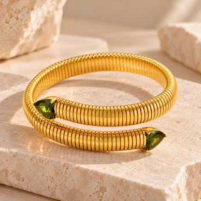 Bracelet SERPENTINE vert  - Titane inoxydable plaqué or et zircons naturels