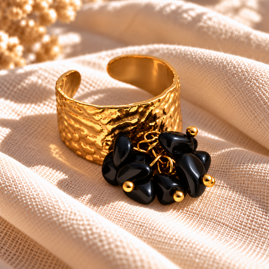 Bague OCEANE Noir - Obsidienne naturelle et acier inoxydable plaqué or