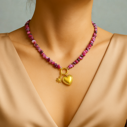 Collier CELESTINE - Pierres fines améthystes naturelles et acier inoxydable plaqué or