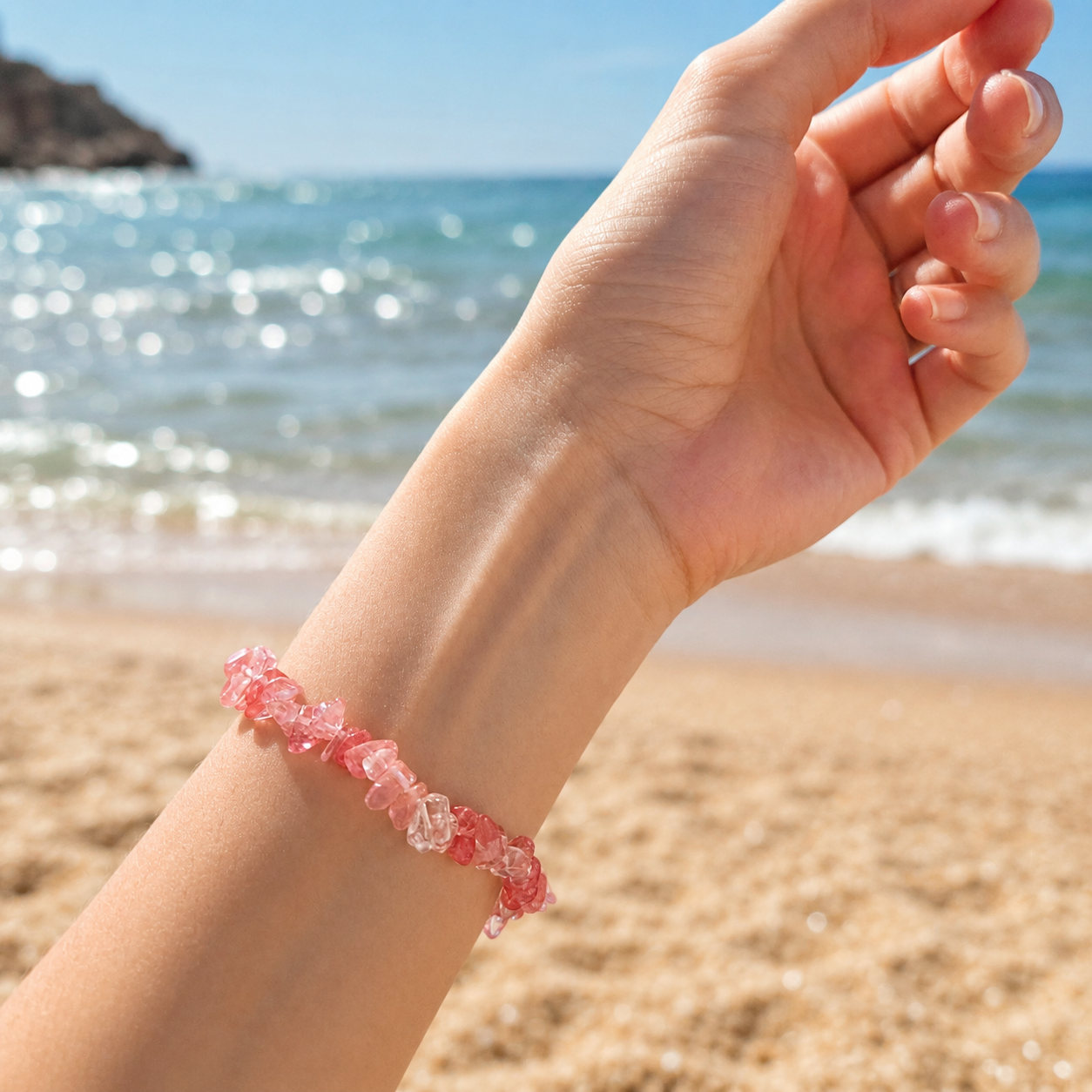 Bracelet OCEANE rose - Eclats de quartz naturel couleur rose framboise