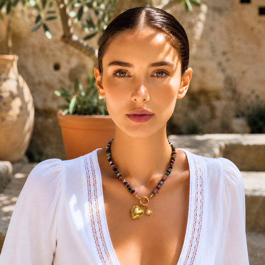 Collier CELESTINE - Tourmaline naturelle et acier inoxydable plaqué or