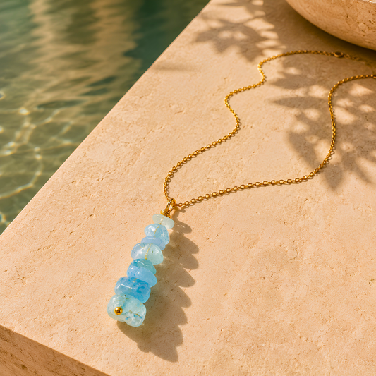 Collier MARINA aqua - Pierre aqua-marine et acier inoxydable plaqué or