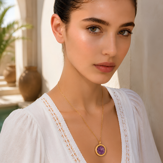 Collier MINERAL violet - Améthyste et acier inoxydable plaqué or