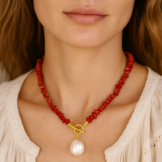 Collier OCEANE rouge - Perle d'eau douce et pierres brutes naturelles