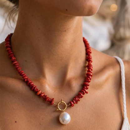 Collier OCEANE rouge - Perle d'eau douce et corail naturel, placage or