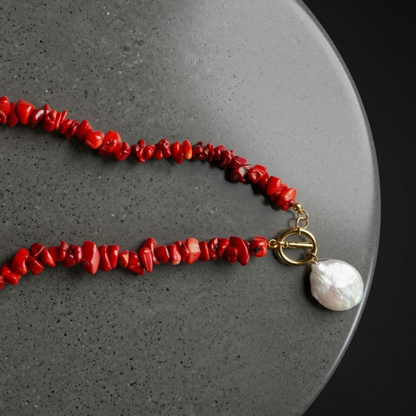 Collier OCEANE rouge - Perle d'eau douce et corail naturel, placage or