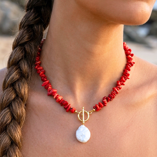 Collier OCEANE rouge - Perle d'eau douce et corail naturel - Placage or