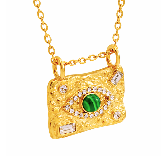 Collier OLYMPE - Acier inoxydable plaqué or, zircons et malachites naturels