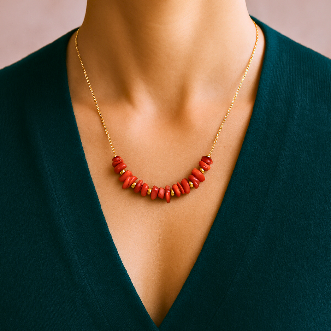 Collier SIRENE rouge - Corail naturel et acier inoxydable plaqué or