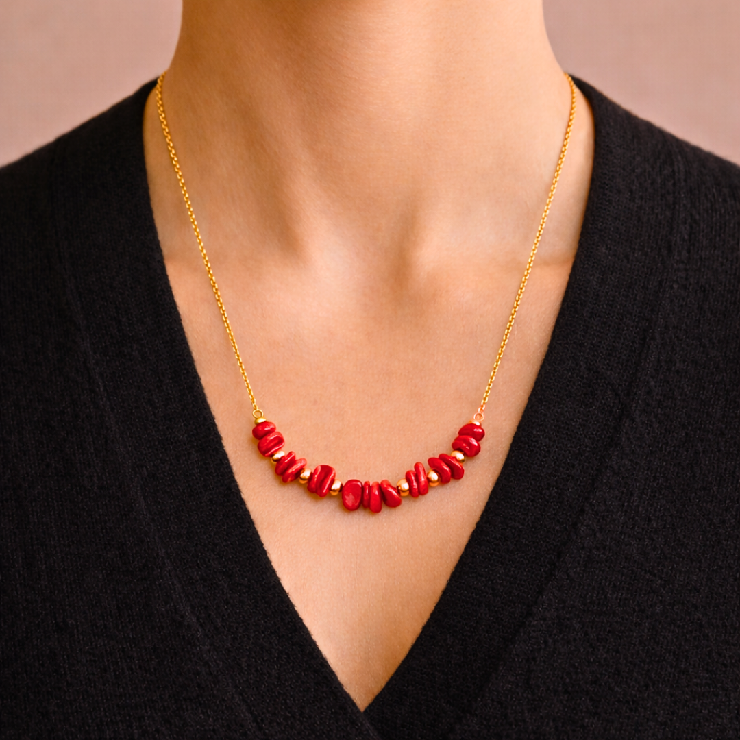 Collier SIRENE rouge - Corail naturel et acier inoxydable doré à l'or