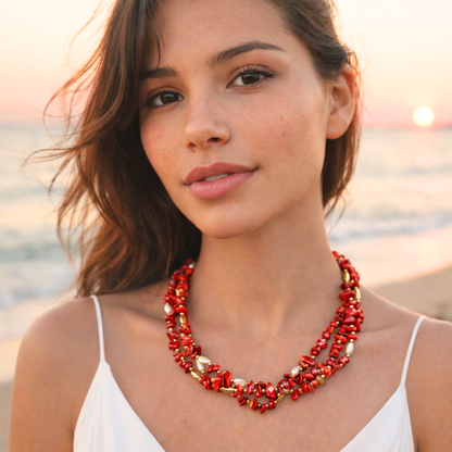 Collier VENUS rouge - Corail naturel organique et finition à l'or