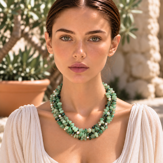 Collier VENUS Vert - Multi Rangs d'Aventurine et de Perle d’Eau Douce