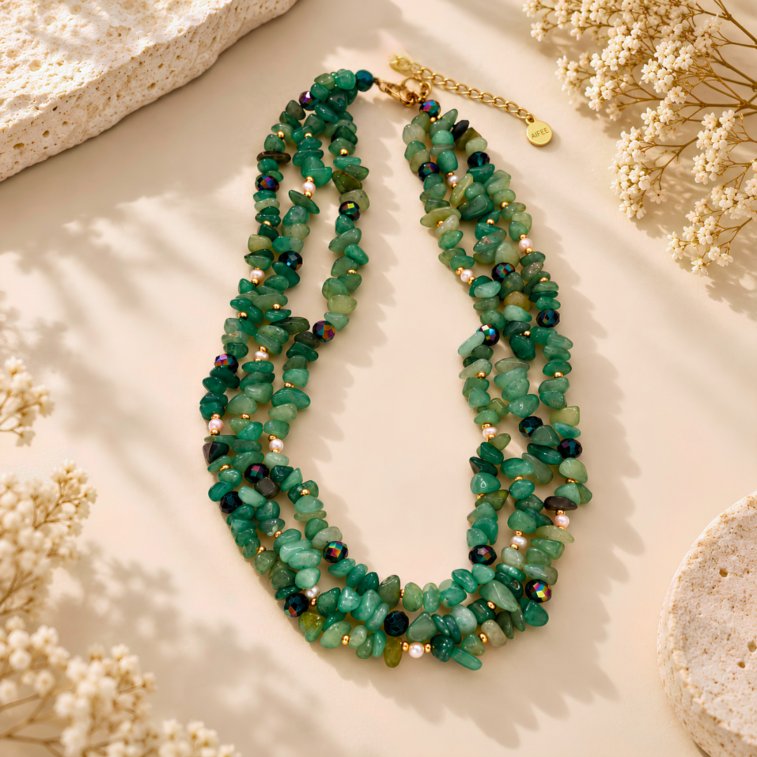 Collier VENUS Vert - Multi Rangs d'Aventurine et de Perle d’Eau Douce