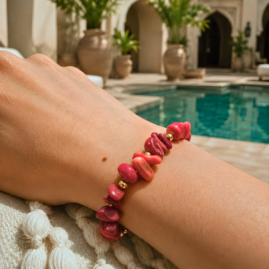 Bracelet SIRENE rouge - Corail naturel et acier inoxydable plaqué or