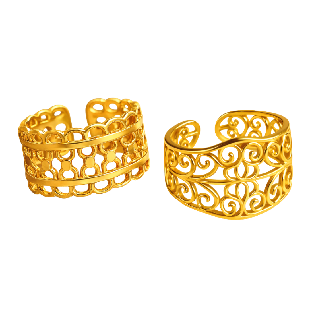 Ensemble EMMA et ALEXANDRA – Bagues fines aux motifs délicats dorés à l'or