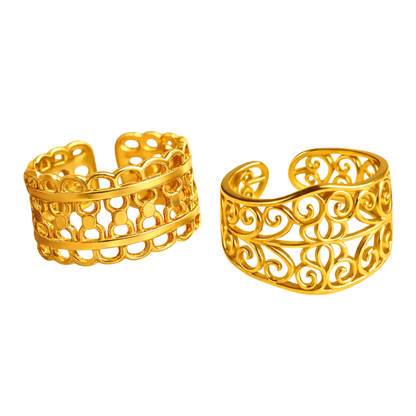 Ensemble EMMA et ALEXANDRA – Bagues fines aux motifs délicats dorés à l'or