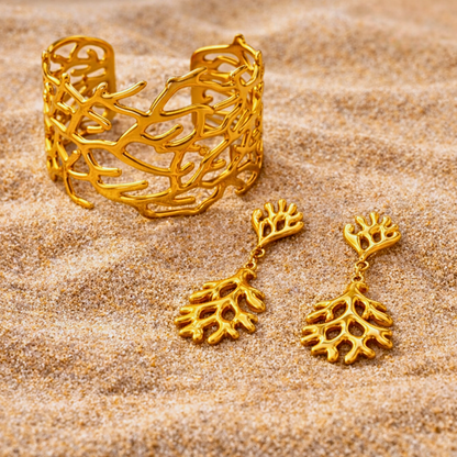 Ensemble CORAIL - Bracelet manchette et boucles d'oreilles pour femme