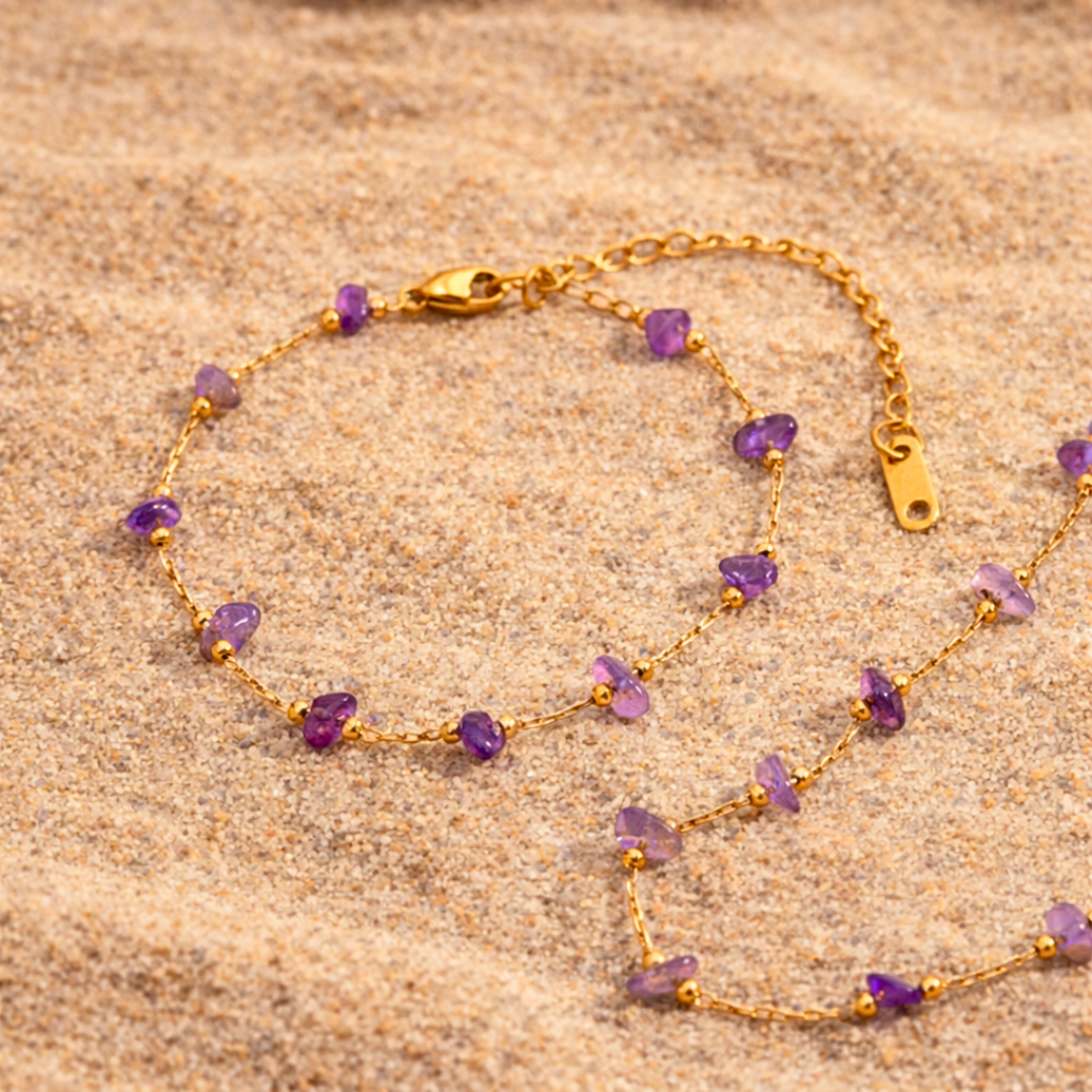 Ensemble PURE violine - Améthyste et acier inoxydable plaqué or