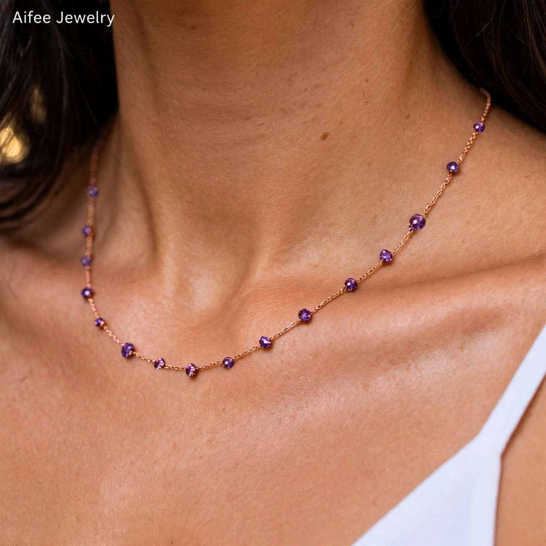 Collier PURE violine - Améthystes véritables et acier inoxydable plaqué or