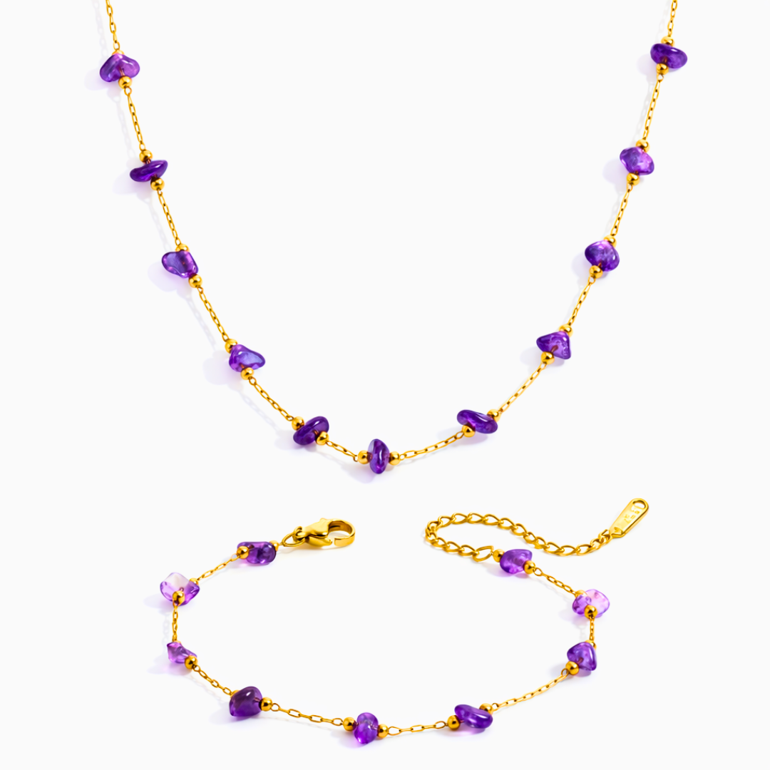 Ensemble PURE violine - Améthyste et acier inoxydable plaqué or