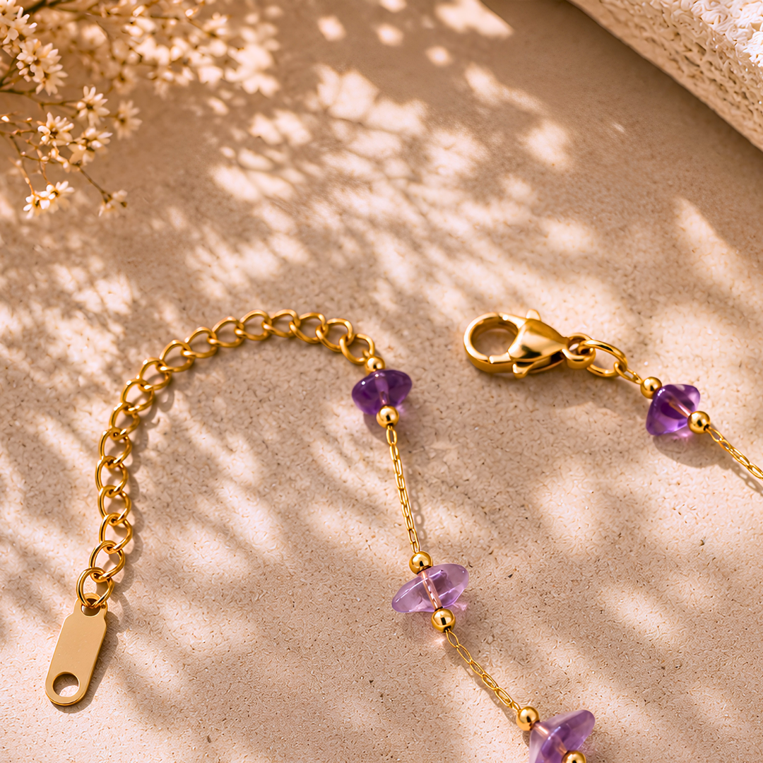 Bracelet PURE violine - Améthyste et acier inoxydable plaqué or