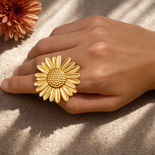 Ensemble TOURNESOL - Boucles d'oreilles et bague florales dorées à l'or