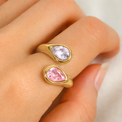 Bague ZIRCONA duo - Bijou inoxydable plaqué or et zircons naturels