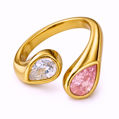 Bague ZIRCONA duo - Bijou inoxydable plaqué or et zircons naturels