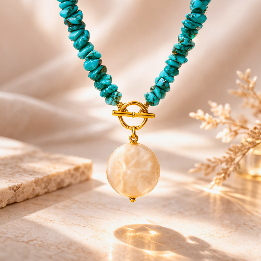 Collier OCEANE bleu - Perle d'eau douce, turquoise naturelle, finition or