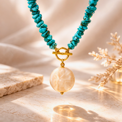 Collier OCEANE bleu - Perle d'eau douce, turquoise naturelle, finition or