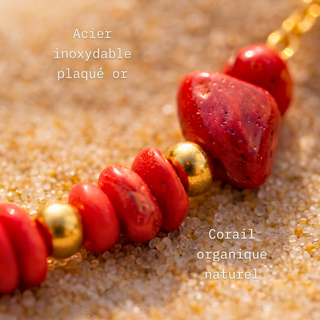 Collier SIRENE rouge - Corail naturel et acier inoxydable doré à l'or