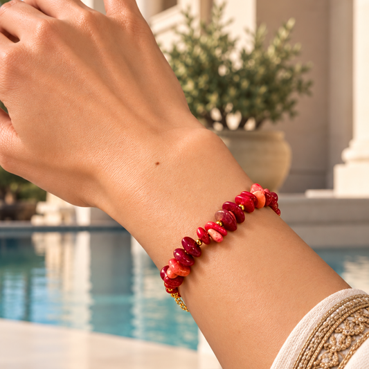 Bracelet SIRENE rouge - Corail naturel et acier inoxydable plaqué or