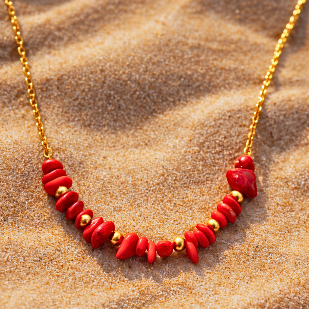 Collier SIRENE rouge - Corail naturel et acier inoxydable doré à l'or