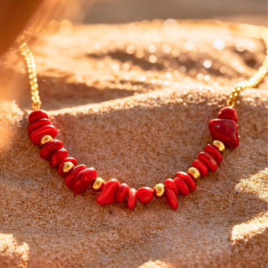 Collier SIRENE rouge - Corail naturel et acier inoxydable doré à l'or