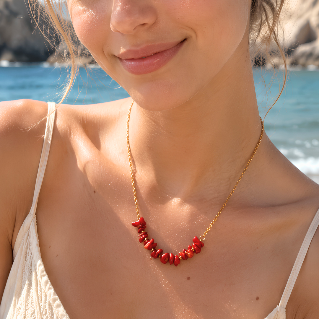 Collier SIRENE rouge - Corail naturel et acier inoxydable doré à l'or