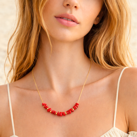 Collier SIRENE rouge - Corail naturel et acier inoxydable doré à l'or