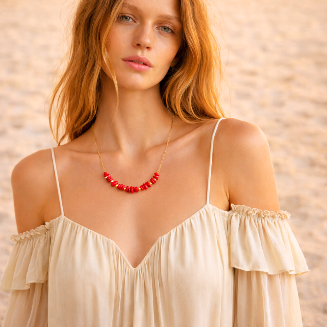 Collier SIRENE rouge - Corail naturel et acier inoxydable doré à l'or