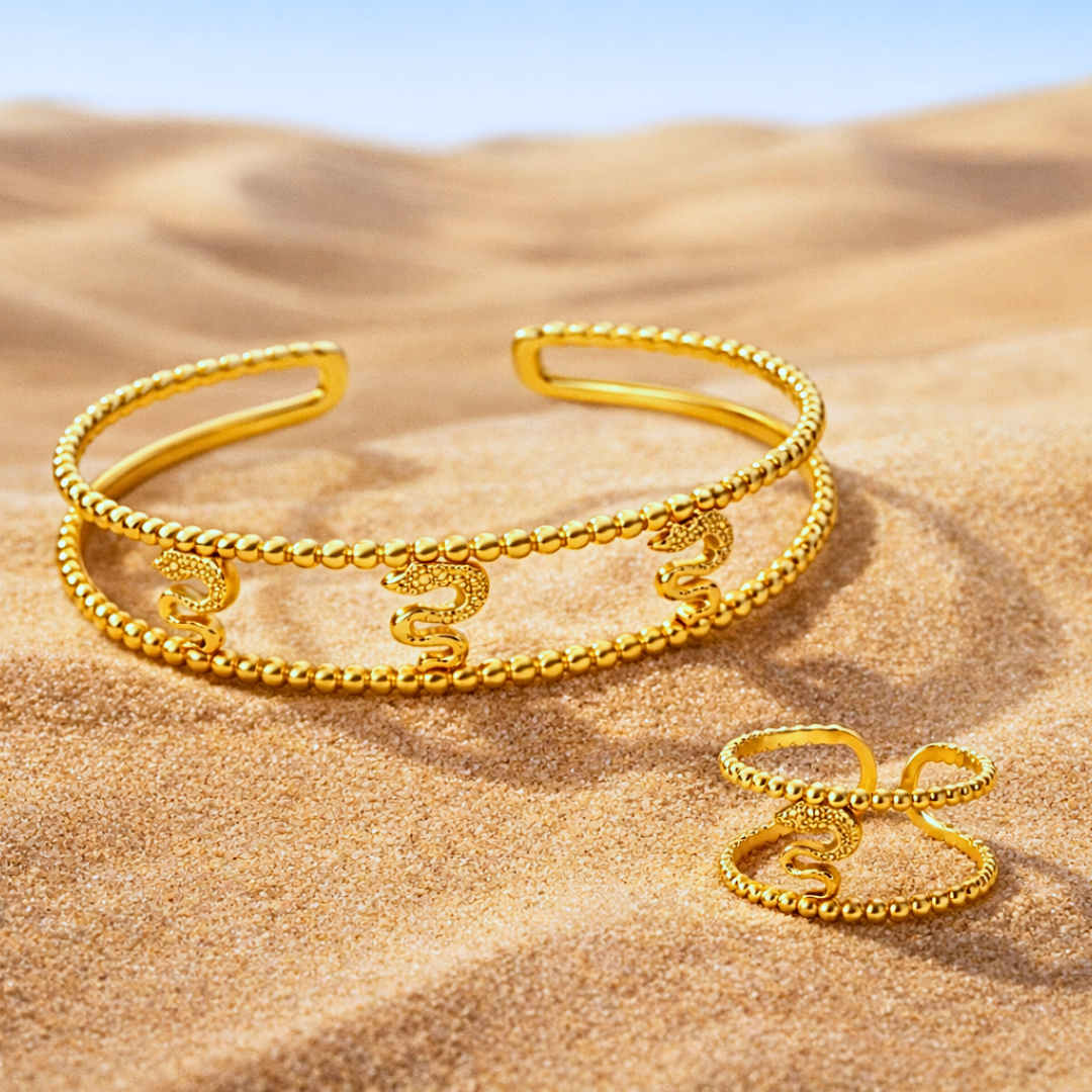 Ensemble PYTHON - Bague et bracelet assortis inoxydables plaqués or