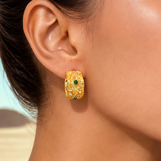 Boucles d'oreilles OLYMPE -  Malachites et zircons naturels, placage or