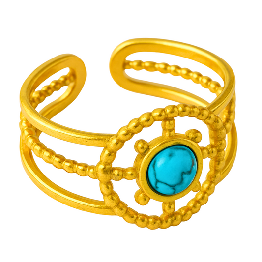 Bague URANUS - Acier inoxydable plaqué or et pierre précieuse turquoise naturelle